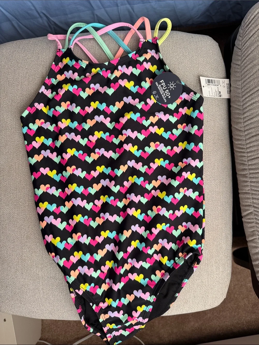 Gymboree Black Girls' Tank Swimsuit with Neon Heart Print